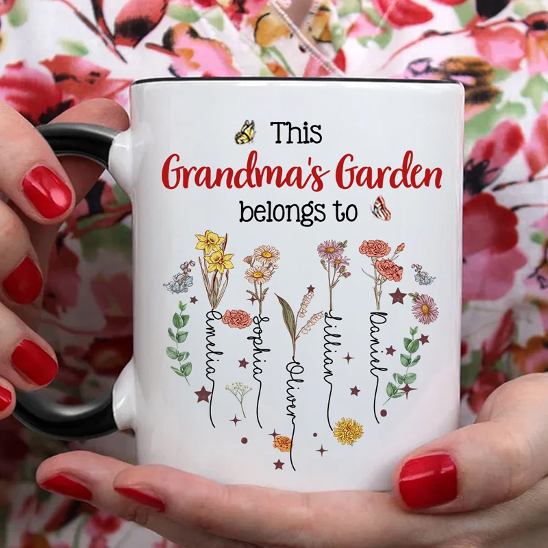 Personalized This is Garden Belongs to Heart Birth Flowers 11 oz Ceramic Mug with 1-12 Names Birthday Mother's Day Gift for Mom Grandma