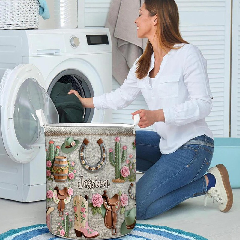 Personalized Cowgirl Hat Boots Horseshoes Accessories Organizer Basket Waterproof Laundry Basket with Handle and Name Bedroom Laundry Room Birthday Gift for Equestrian Lovers