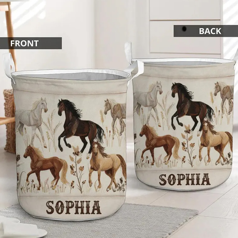 Personalized Beautiful Horses Organizer Basket Waterproof Laundry Basket with Handle and Name Bedroom Laundry Room Birthday Gift for Equestrian Lovers