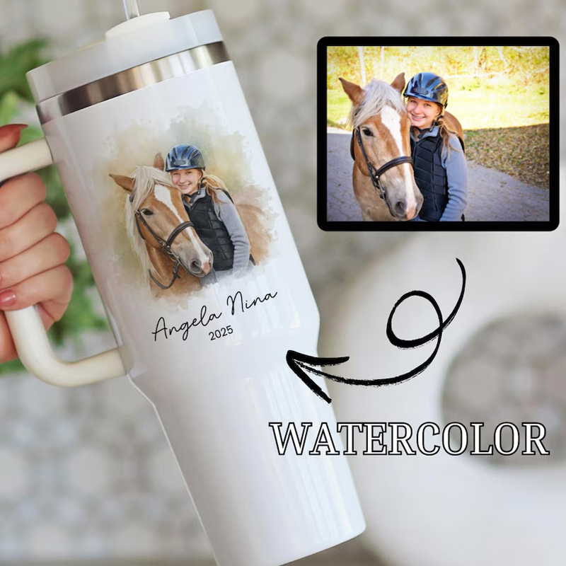 Personalized Horse Photo Watercolor Pet Portrait Travel Tumbler Riders Equestrian Gift for Riding Lover