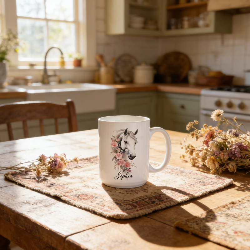 Personalized Floral Horse Riding Ceramic Mug Gift for Riding Lovers Equestrian Lovers