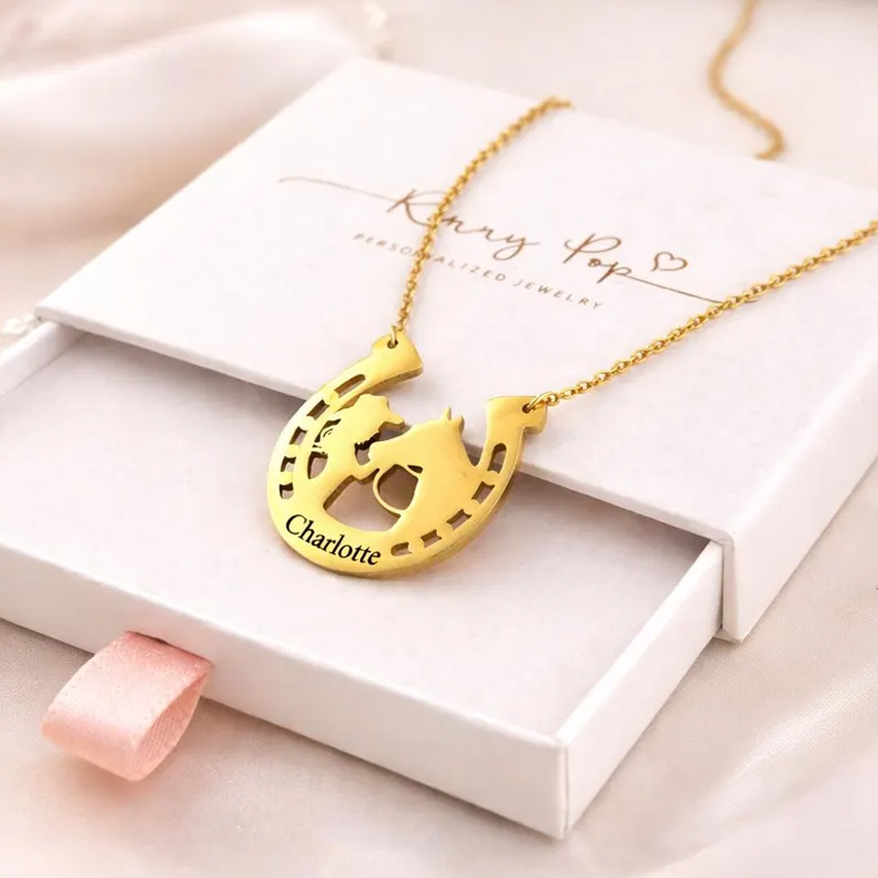 Personalized Horse Charm Necklace with Name Jewelry Cube Gift for Equestrian Riding Lovers