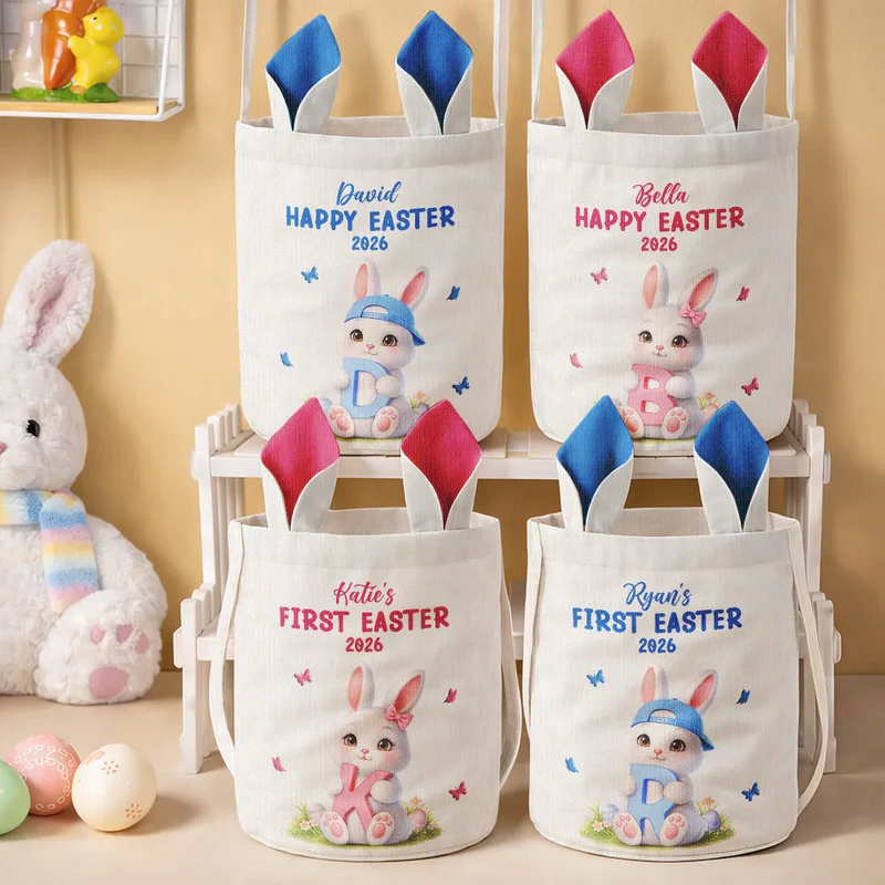 Personalized Easter Bunny Holding Alphabet Letter Bunny Ears Bucket Bag Easter Gift for Kids