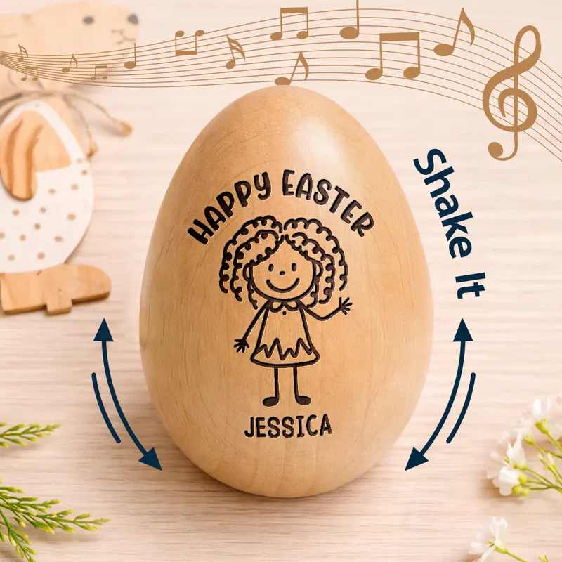 Personalized Happy Easter Kids Stick Figure Musical Wooden Easter Egg Shaker Kids Easter Gifts Baby First Easter