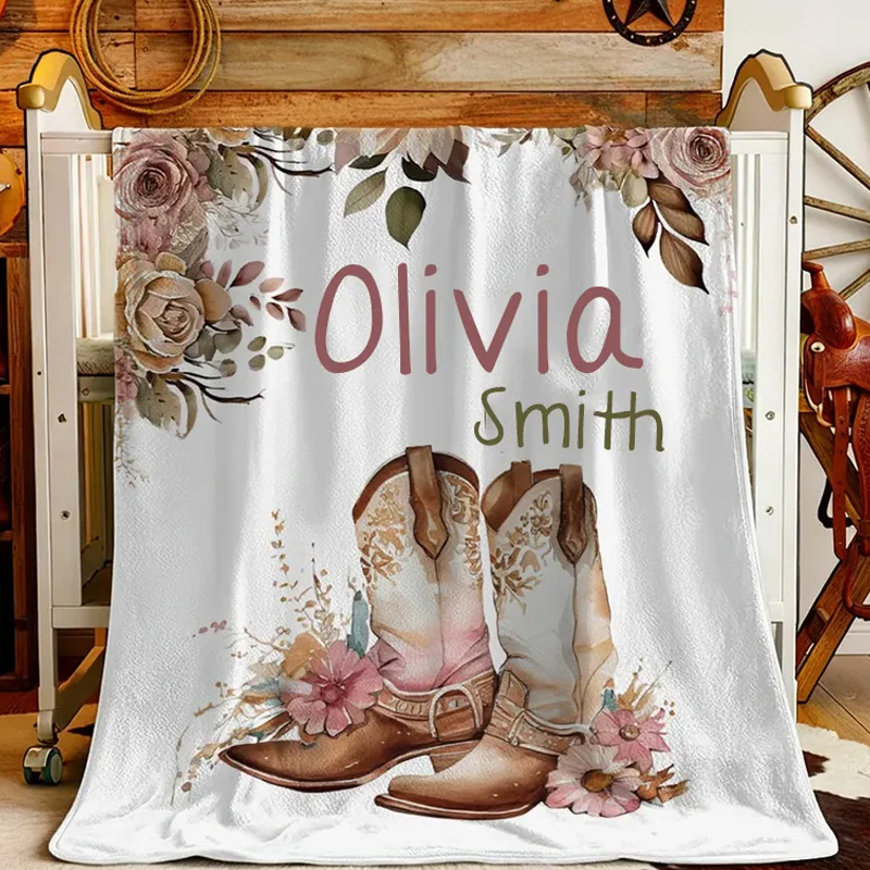 Personalized Floral Cowgirl Boots Western Soft Throw Blanket with Name Home Decor Western Nursery Birthday Gift for Cowgirls Friends Riding Lovers Equestrian Lovers