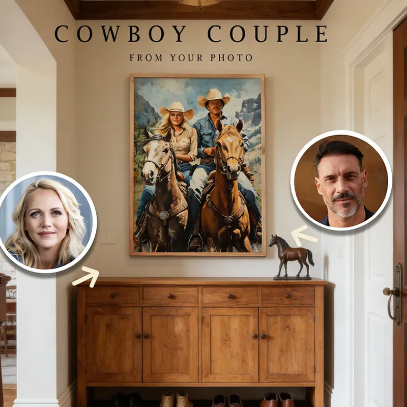 Personalized Custom Cowboy Couple Portrait Western Art from Photo for Riding Lovers