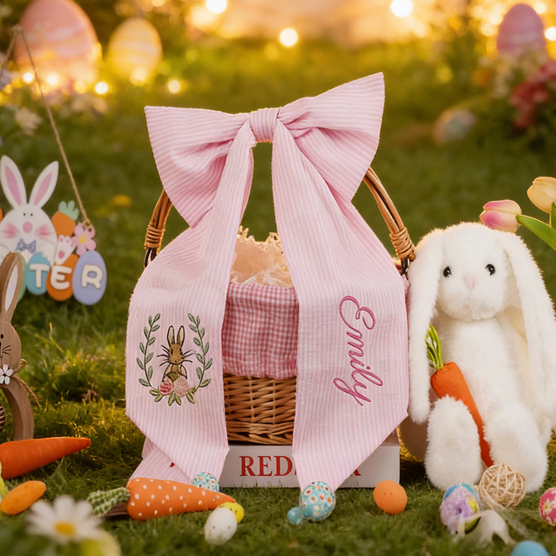 Personalized Seersucker Easter Basket Bow Monogrammed Bunny Design Easter Basket Decoration Kids Gift Spring Bunny Accessory