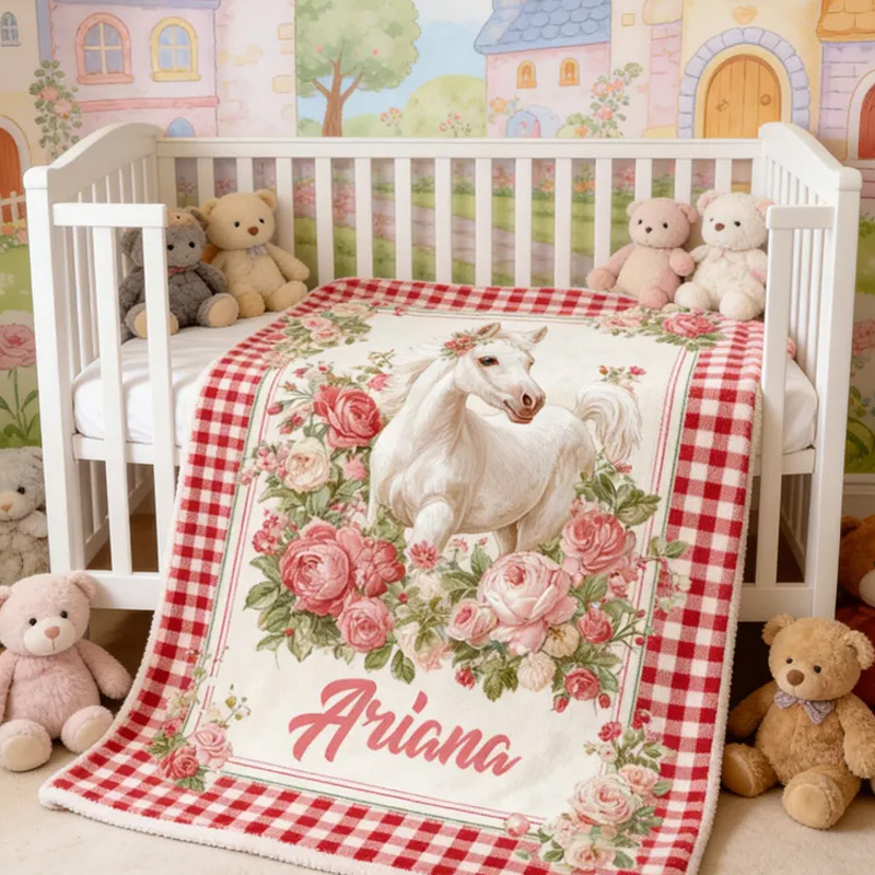 Personalized Riding Plaid Blanket Equestrian Horse Custom Name with French Countryside Gifts Family Blanket for Riding Lovers Equestrian Lovers