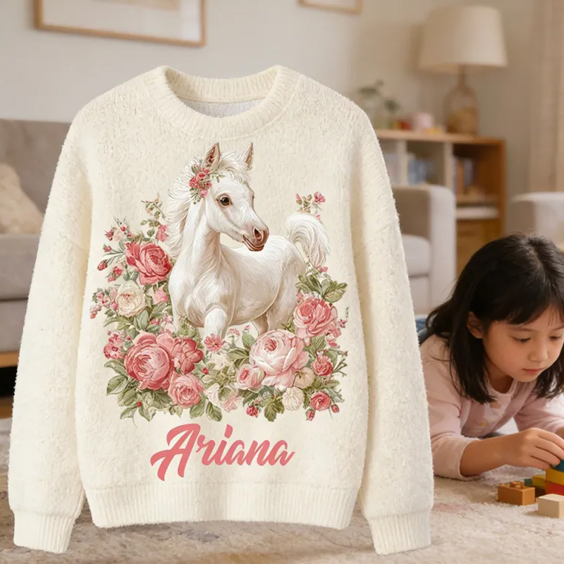 Personalized Riding Plaid Kids Ugly Sweatshirts Equestrian Horse Custom Name with French Countryside Gifts Family Sweater for Kids Riding Lovers Equestrian Lovers