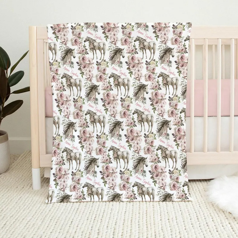 Personalized Pink Boho Horse Baby Name Throw Blanket Gift for Equestrian Lovers