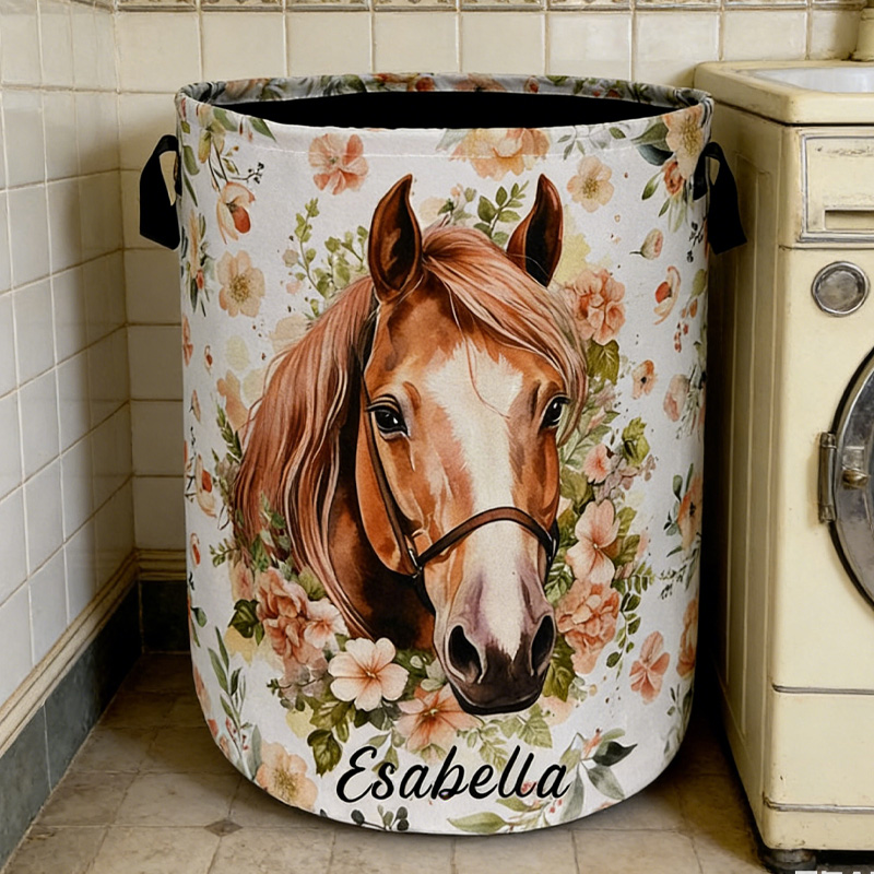 Personalized 3D Printed Pattern Watercolor Floral Horse Organizer Basket Waterproof Laundry Basket with Handle and Name Bedroom Laundry Room Birthday Gift for Equestrian Lovers