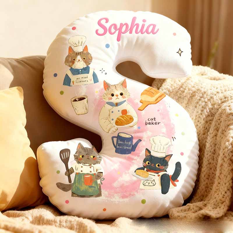 Personalized Cat Lover Cooking Bread Letter Pillow with Custom Name Graphic 3D Print