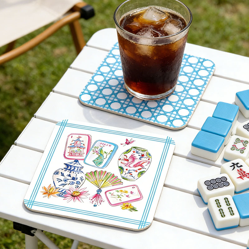 Mahjong Tiles Mahj on and on and on Mahjong Cocktails Mahj on and on and on Mahjong Icons Pots Fan Tiles and Flowers Crack Dot Bam Mahjong Dragon Blue Square Coaster