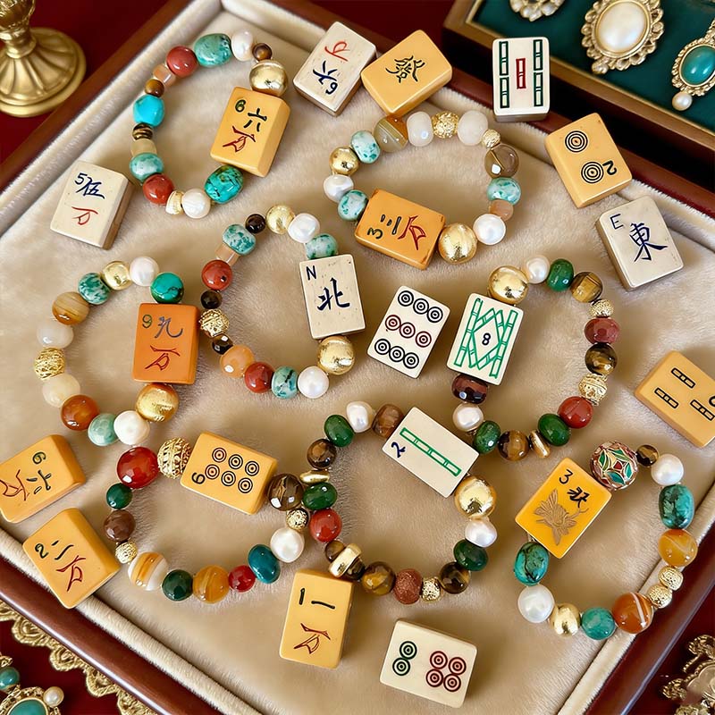 Mahjong Bracelet Bakelite Bone and Bamboo Vintage Mahjong Tile Beaded Bracelet Mahjong Gift