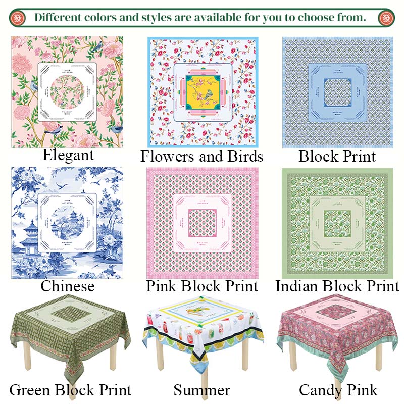 Mahjong Tablecloth 55" x 55" Polyester Blue Block Print Floral Flower Square Instructional Design with Rules for Family Game Night Party Favor Supplies