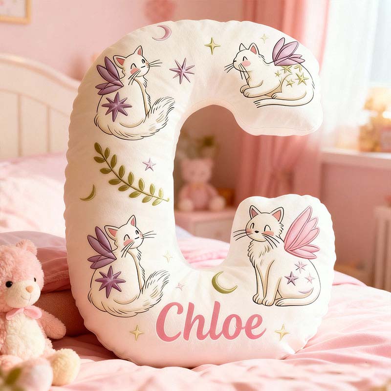 Personalized Cat Lover Mystical Cats with Wings Letter Pillow with Custom Name Graphic 3D Print