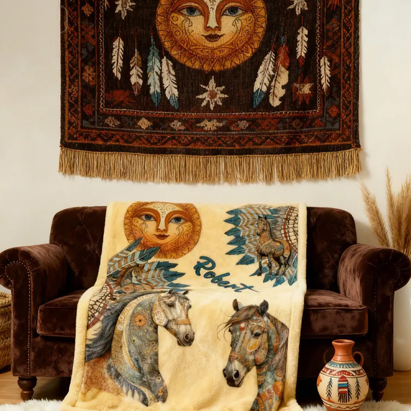 Personalized Riding Feather Sun Blanket Flower Horse Custom Name Festive Flower Decor with French Countryside Gifts Family Blanket for Riding Lovers Equestrian Lovers