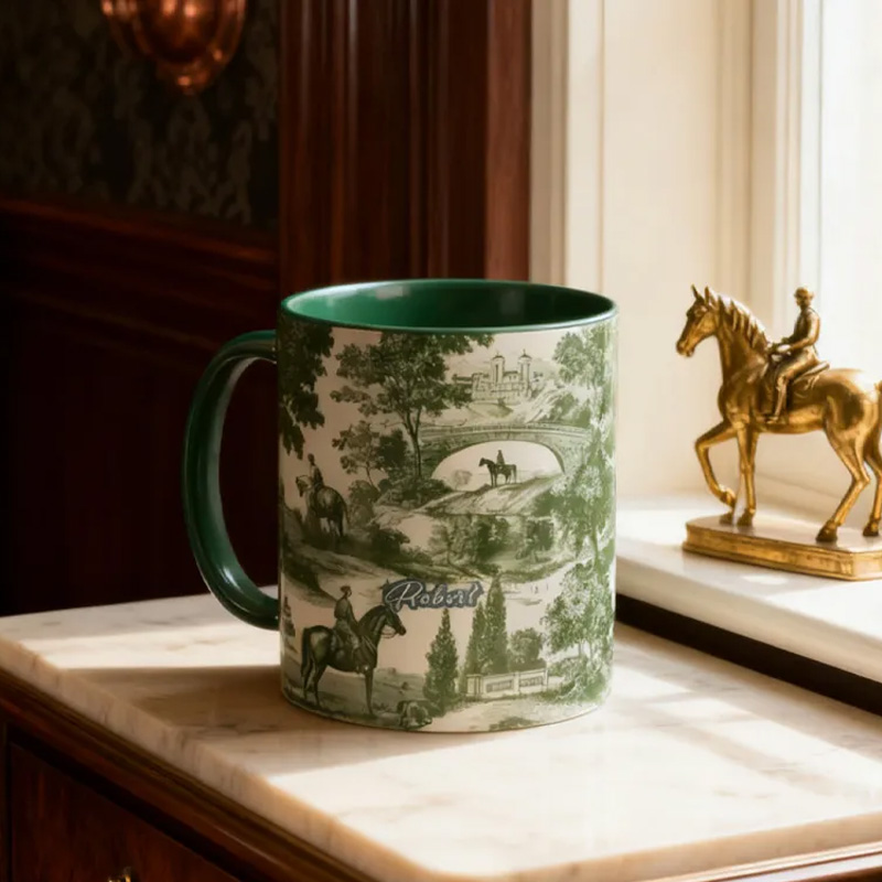 Personalized Riding Mug Green Toile Equestrian Mug Horse Lovers French Toile de Jouy Coffee Cup Gift for Coffee Cup Bicycle Tea Cup Riding Ceramic Mug Gift for Riding Lovers Equestrian Lovers