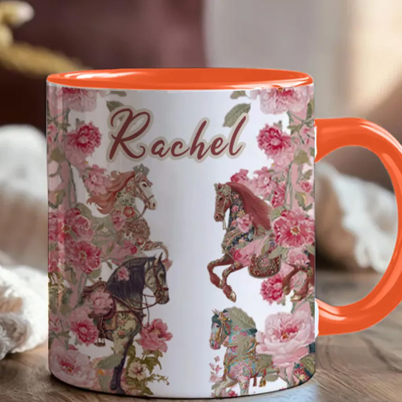 Personalized Riding Mug Floal Mug Horse Lovers French Toile de Jouy Coffee Cup Gift for Coffee Cup Bicycle Tea Cup Riding Ceramic Flower Mug Gift for Riding Lovers Equestrian Lovers
