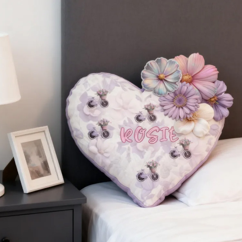 Personalized Floral Heart Bike Pillow Custom Name Festive Decor with Bicycle Flower Christmas Gifts for Family Graphic 3D Print Cycling Riding Lovers