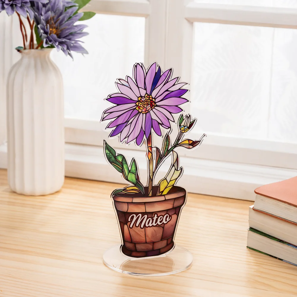 Personalized Faux Stained Glass Birth Flower Pot Acrylic Plaque with Name Home Decor Anniversary Birthday Gift for Friends Kids