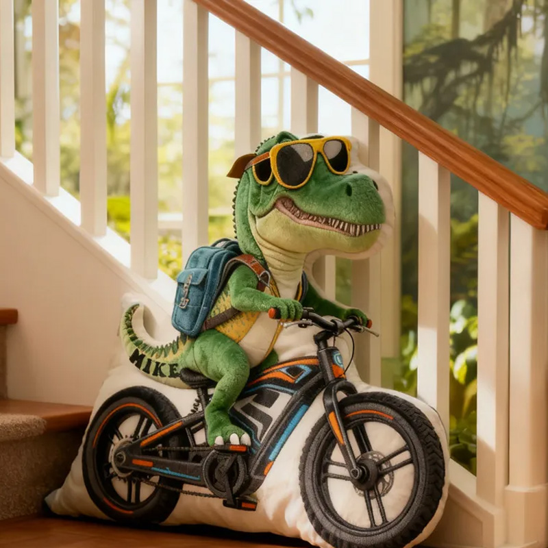 Personalized Dino Rider Bike Pillow Cozy Graphic 3D Print Cool Racing Biker Dino Pillow Name Pillow Comfortable Travel Cushion for Kids Boys Riding Lovers