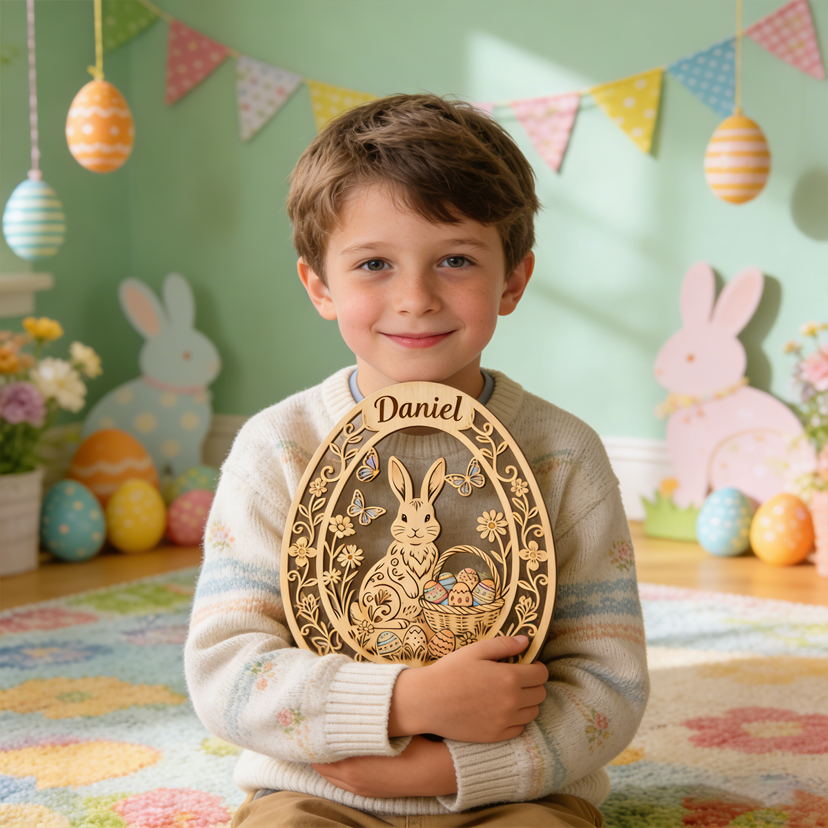 Personalized Custom Name 2PCS Unfinished Wooden Easter Egg Cutouts with Bunny, DIY Easter Tabletop Decor Blanks