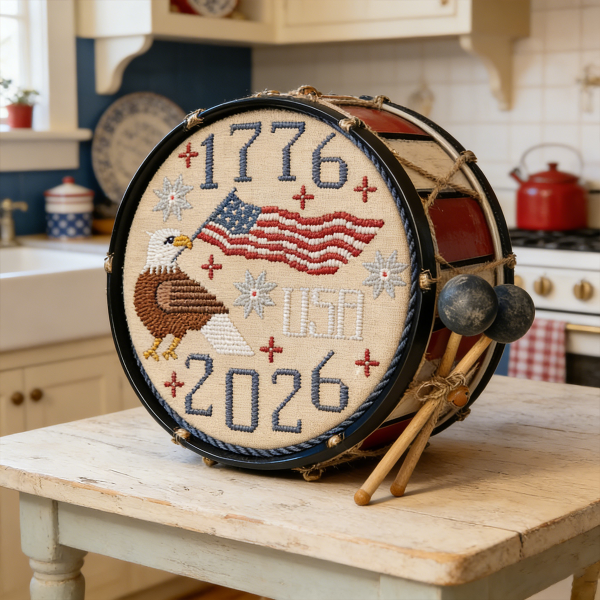 1776-2026 Patriotic Drum Cross Stitch Kit – Americana Eagle & Flag DIY Craft