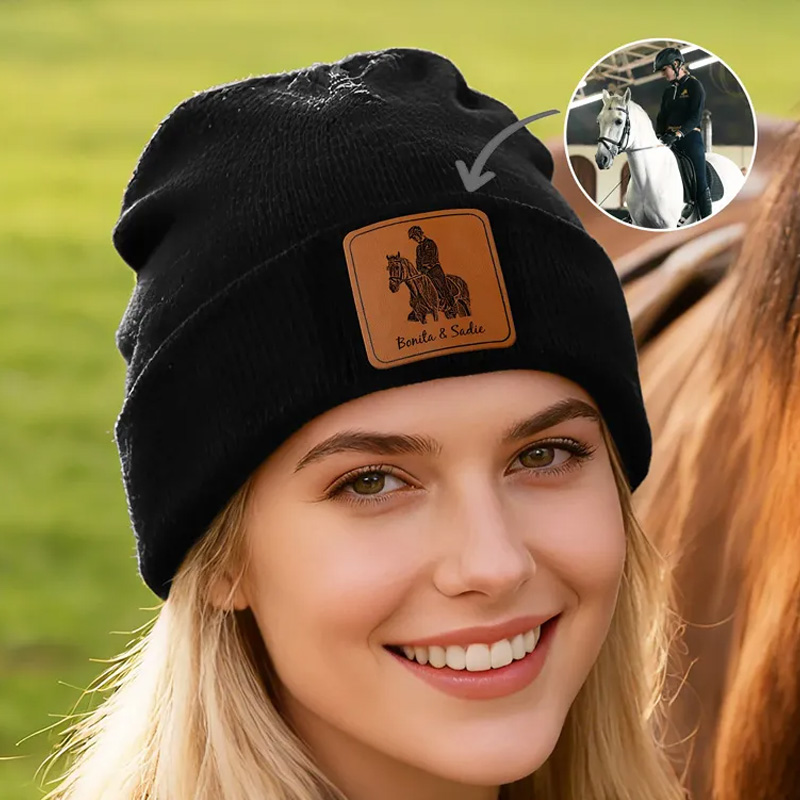 Personalized Leather Patch Beanie Classic Winter Hat Multicolor Rider Photo Knitted Beanie Hat with Name Daily Accessories Birthday Gift for Cycling Lovers Riders