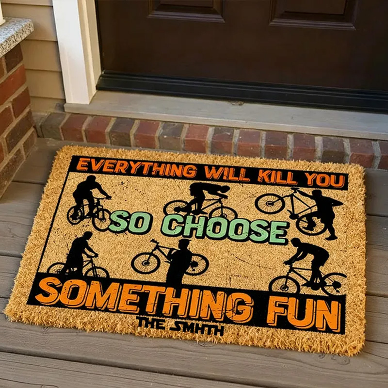 Personalized Cycling Adventure Doormat Mat Welcome Mat Road MTB Theme Design Custom Coir Doormat for Racer Biker Rider Cycling Riding Lovers