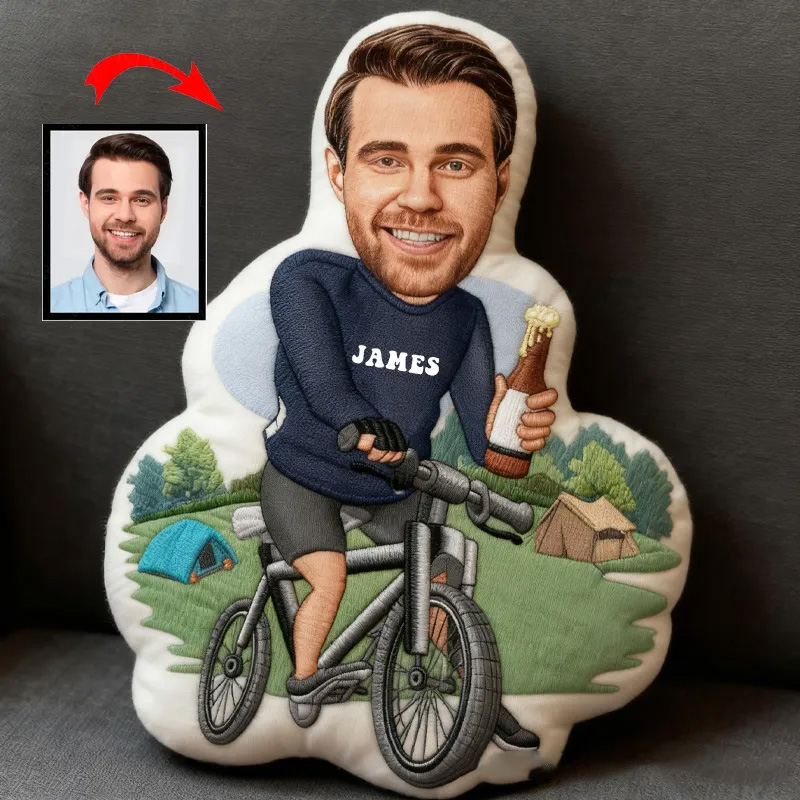 Personalized Photo Pillow Cartoon Cyclist Beer Graphic 3D Print Funny Letter Pillow Custom Name Pillow Comfortable Travel Cushion for Riders Riding Lovers