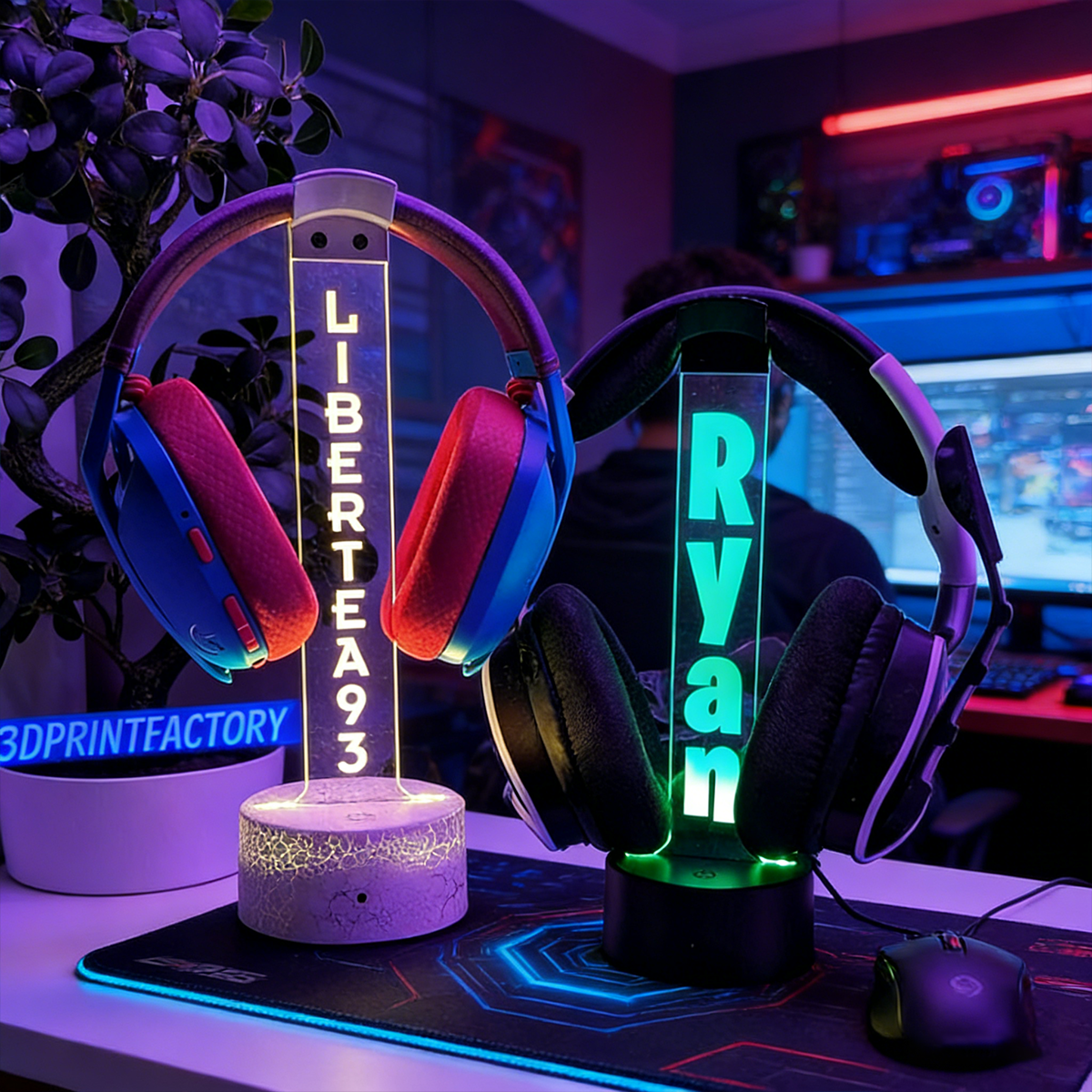Personalized LED Acrylic Headphone Stand –16 Color Custom Name Gaming Headset Holder