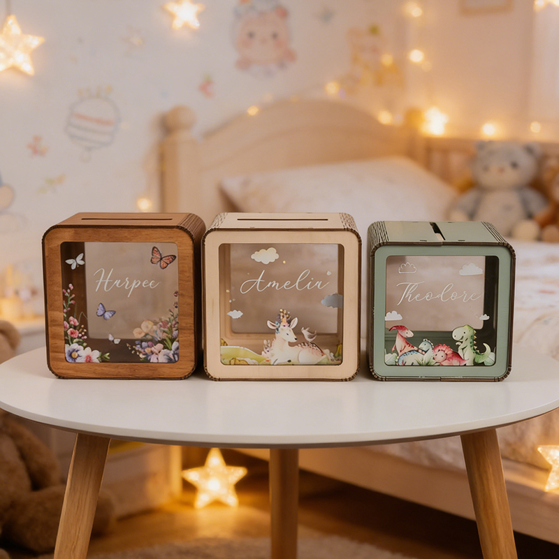 Personalized Wooden Piggy Bank Acrylic Glass Coin Bank Custom Name Gift for kids