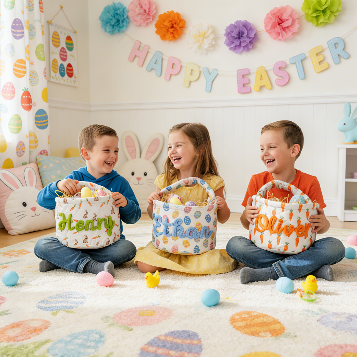 Personalized Quilted Easter Basket – Custom Name Embroidered Kids Egg Hunt Tote (4 Designs)