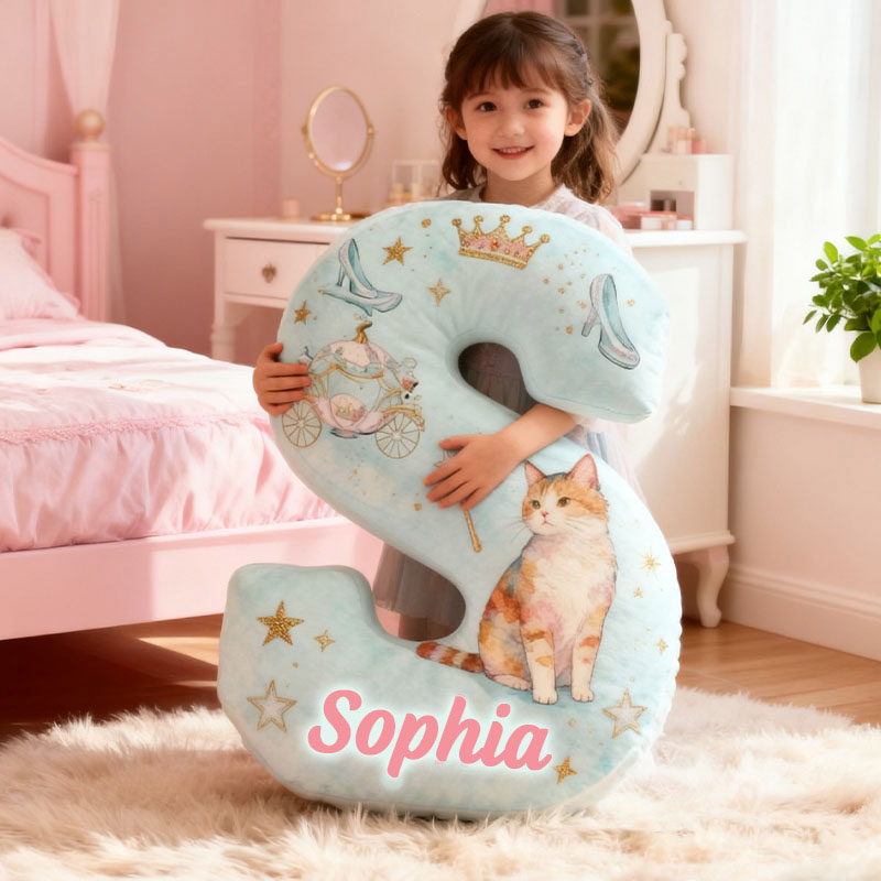 Personalized Cat Lover Crown Crystal Shoes Pumpkin Carriage Letter Pillow with Custom Name Graphic 3D Print