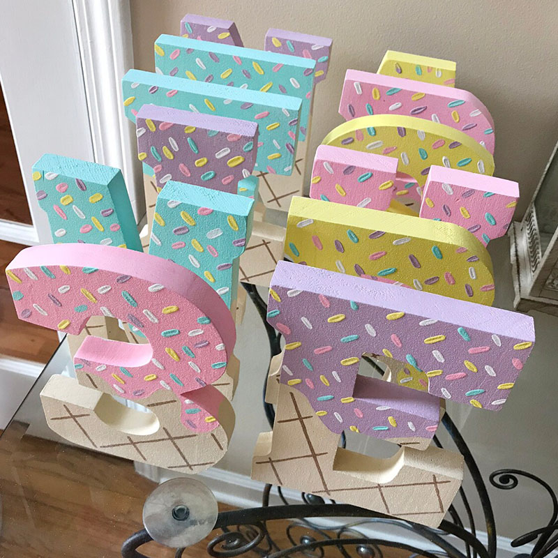 Ice Cream Number 3 Pink Sprinkles Personalized Wooden Birthday Decor