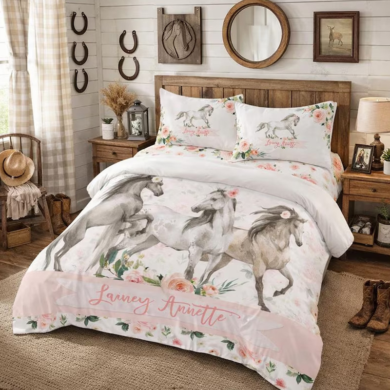 Personalized Horses Duvet Cover Farmhouse Floral Bedding Gift for Equestrian Lovers
