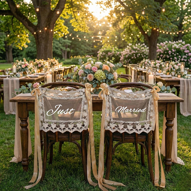 Personalized Wedding Chair Banner Just Married Sign Sheer Sweetheart Table Decor for Bride and Groom