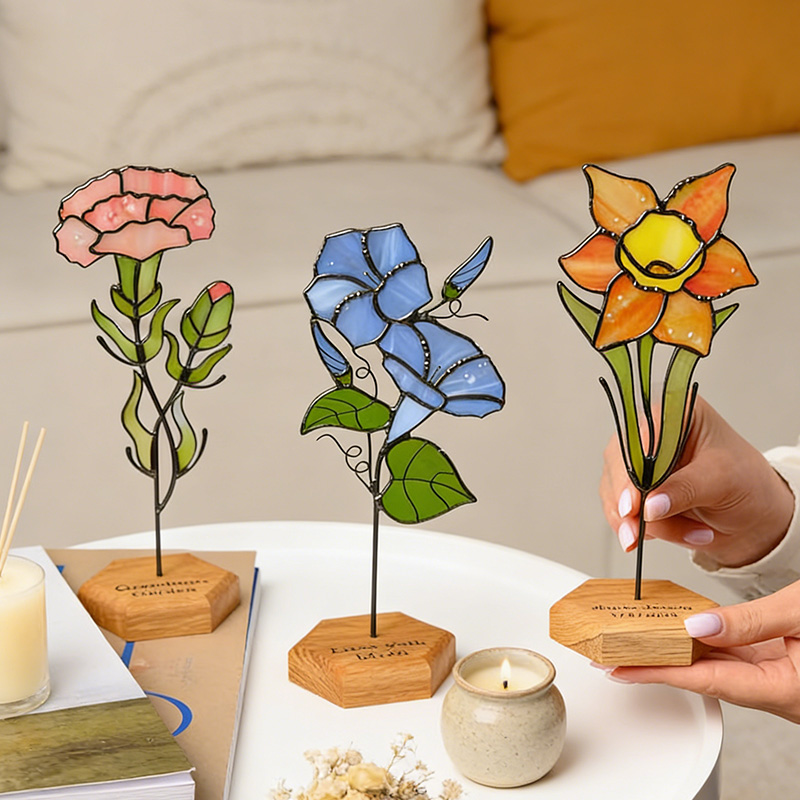 Personalized Stained Glass Birth Flower Plant with Stake Custom Birthday Suncatcher Gift for Mom Grandma Mother's Day Gifts