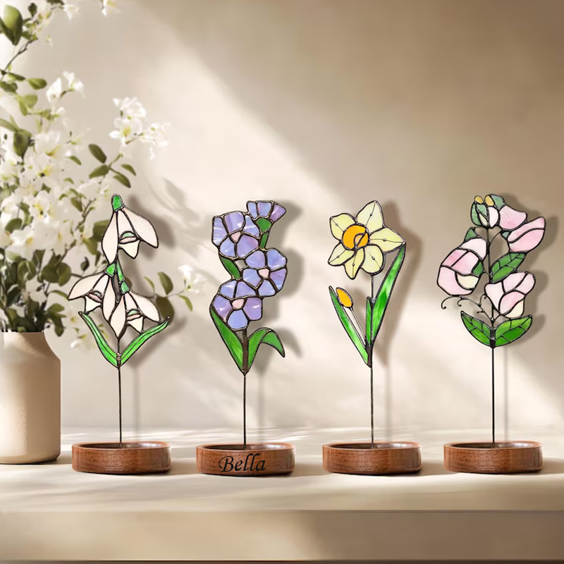 Personalized SStained Glass Birth Month Flower Birthday Suncatcher Custom Glass Flower Plant Stake Home Decor Gift for Her Mom Grandma