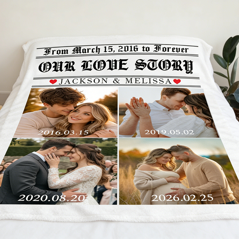 Personalized Couple Love Story Poster Design Photo Blanket with Time and Name Newlywed Wedding Newspaper Blanket Anniversary Gift for Husband