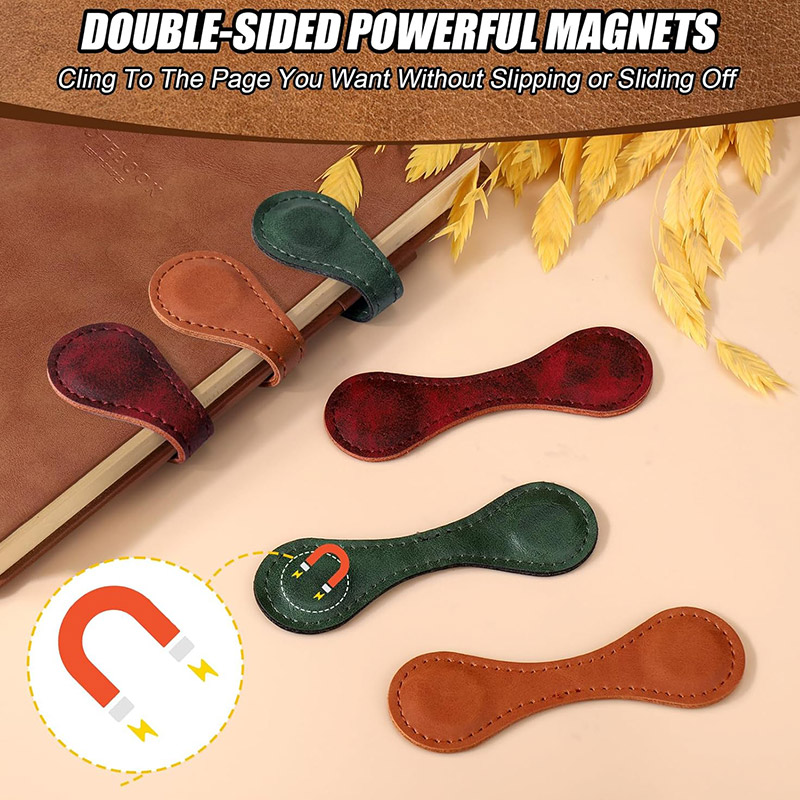 Magnetic Bookmarks 3PCS Genuine Leather Bookmark Vintage Book Mark for Women Double-Sided Magnetic Page Markers Leather Page Clip Buckles Reading Supplies Gift