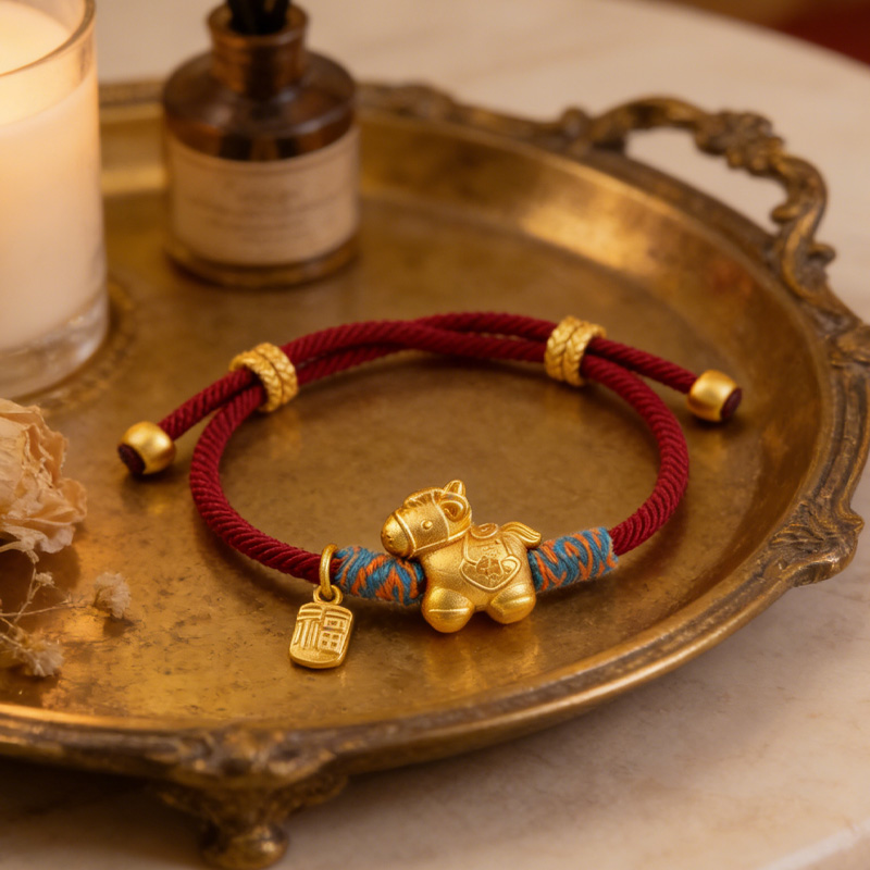 Personalized Lucky Chinese Zodiac Themed Woven Red Bracelet Gold Plated Horse Shaped Pendant for Equestrain Lovers