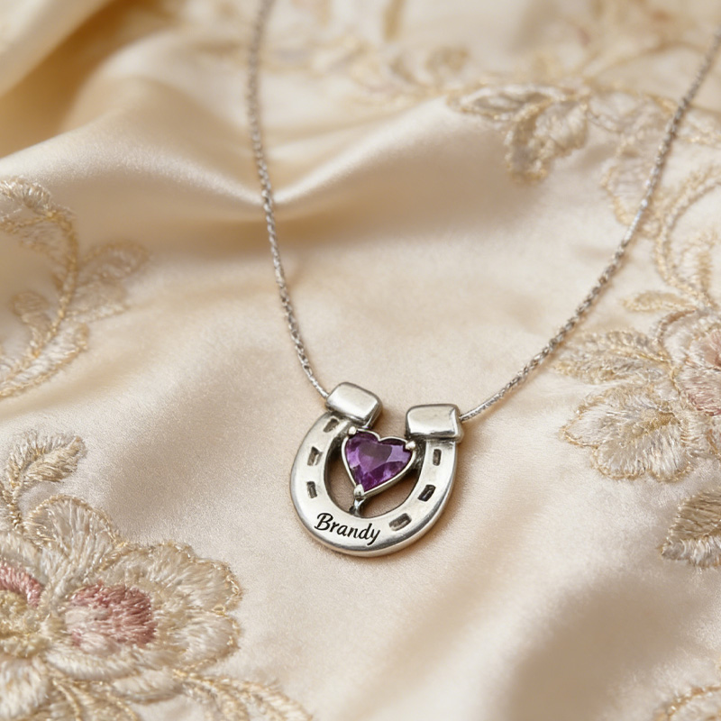 Personalized Birthstone Horseshoe Name Necklace Equine Necklace Elegant Silver Memorial Gift for Equestrain Lovers