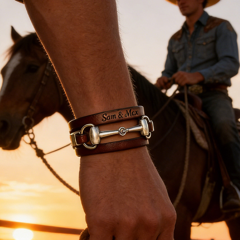 Personalized Engraving Snaffle Bit Leather Bracelet Silver Plated Equestrian Jewelry Wrap Bracelet Gift for Equestrain Lovers