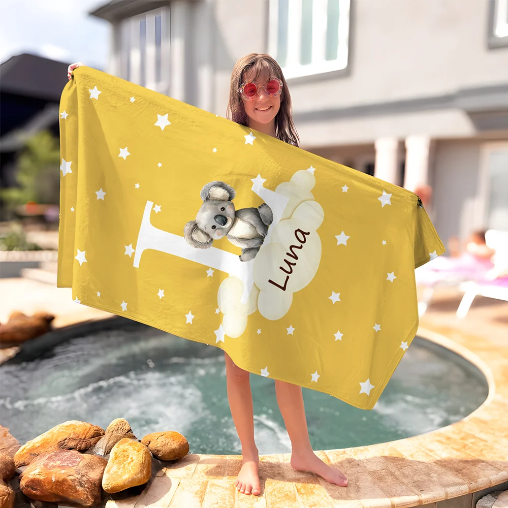 Personalized Multicolor Cloud Star Forest Animal Kids Beach Towel with Initial and Name Birthday Gift for Boys Girls