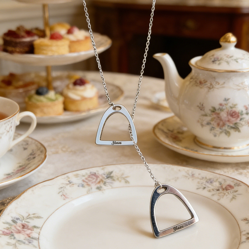 Personalized Horseshoe Name Silver Double Stirrup Necklace Lariat Stirrup Necklace Gift for Equestrain Lovers