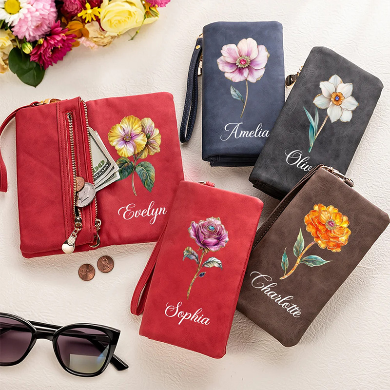 Personalized Vintage Birth Flower Birthstone Portable PU Leather Wallet with Name and Wristlet Birthday Gift for Women Girls