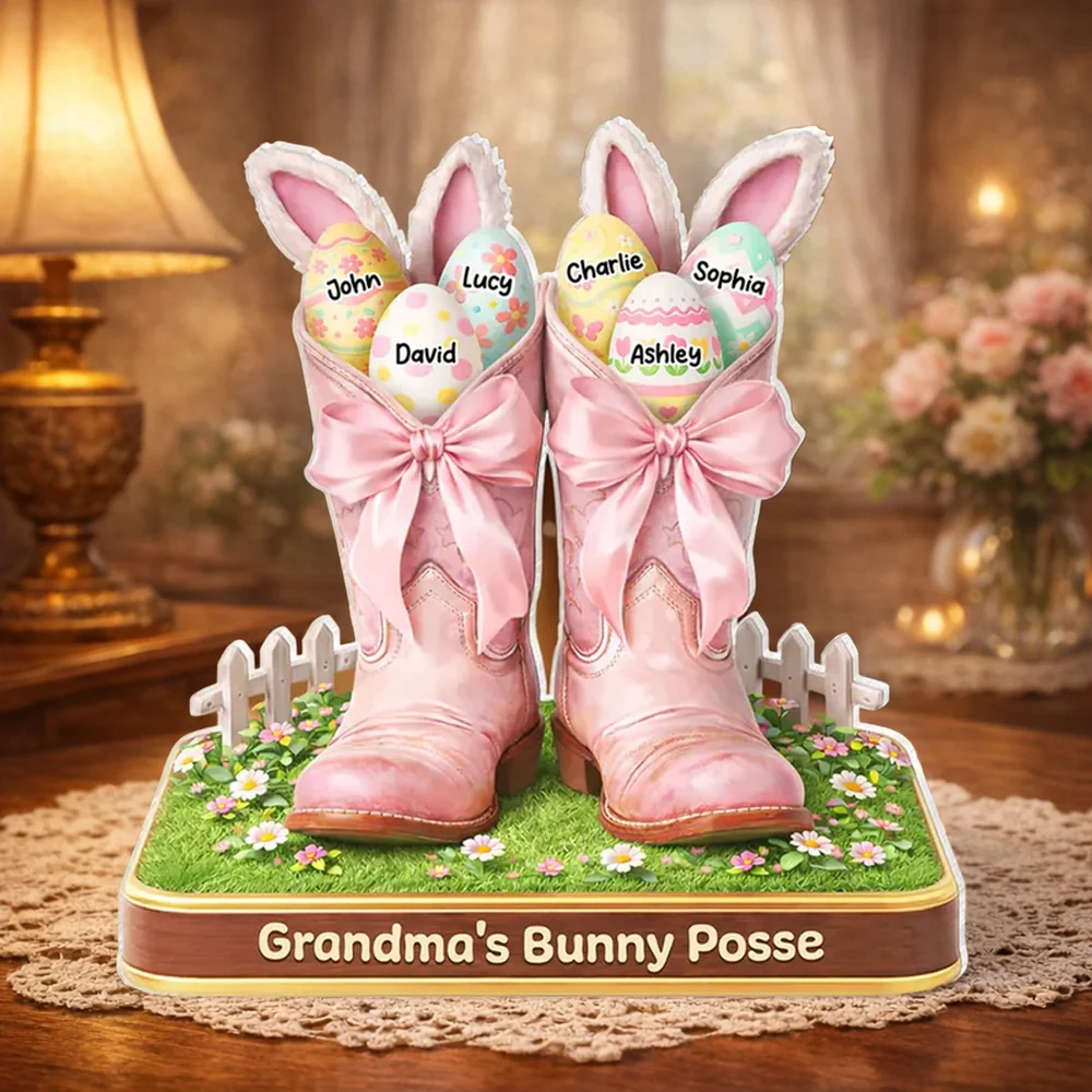 Personalized Shaped Acrylic Block Plaque Grandma's Bunny Posse Easter Boots Shelf Decor Unique Gift for Grandma