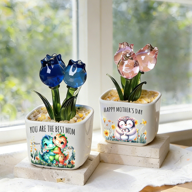 Personalized Glass Everlasting Tulips Mom Flower Gifts with Birth Month Floral Custom Hand Blown Glass Potted Mothers Day Gifts